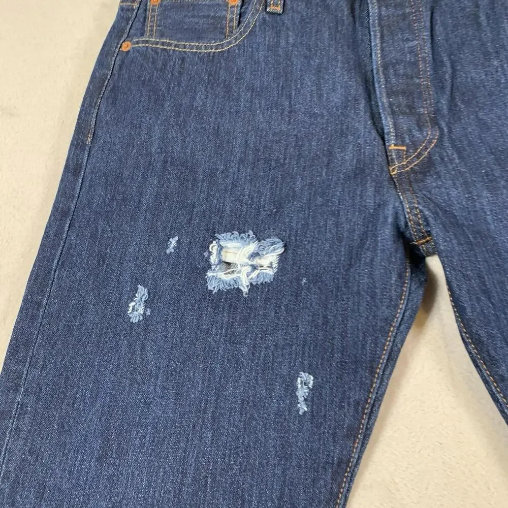 Levis 501 Jeans Mens 34x30 Blue Straight Button Fly Dark Mid Rise Distressed - Picture 2 of 12